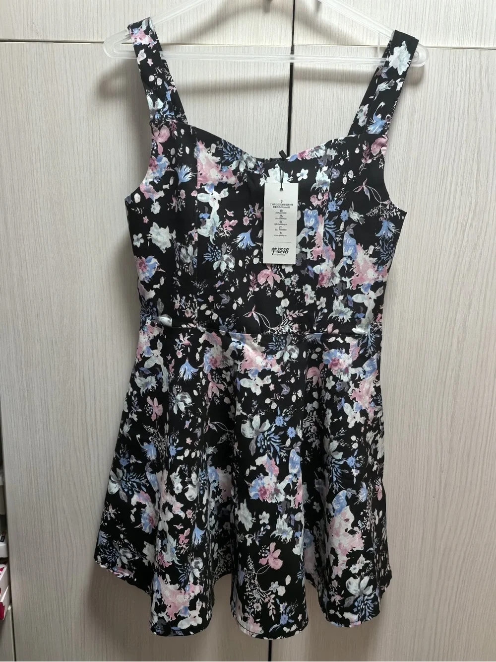Black Floral Fit-and-Flare Dress with Pink & Blue Flowers